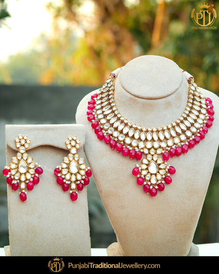Gold Finished Kundan Rubby Pearl Necklace Set | Punjabi Traditional Jewellery Exclusive