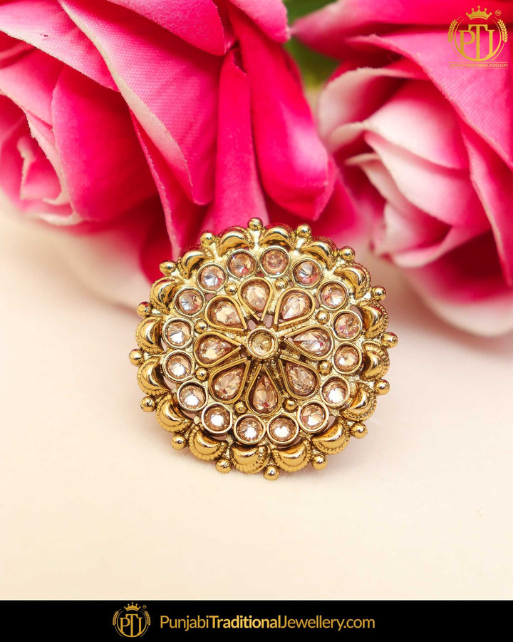 Gold Finished Champagne Stone Ring | Punjabi Traditional Jewellery Exclusive