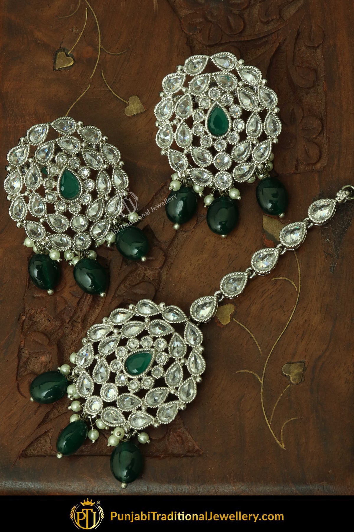 Silver Finished Polki Stone Emerald Drops Oversized Stud Earrings & Tikka Set By Punjabi Traditional Jewellery