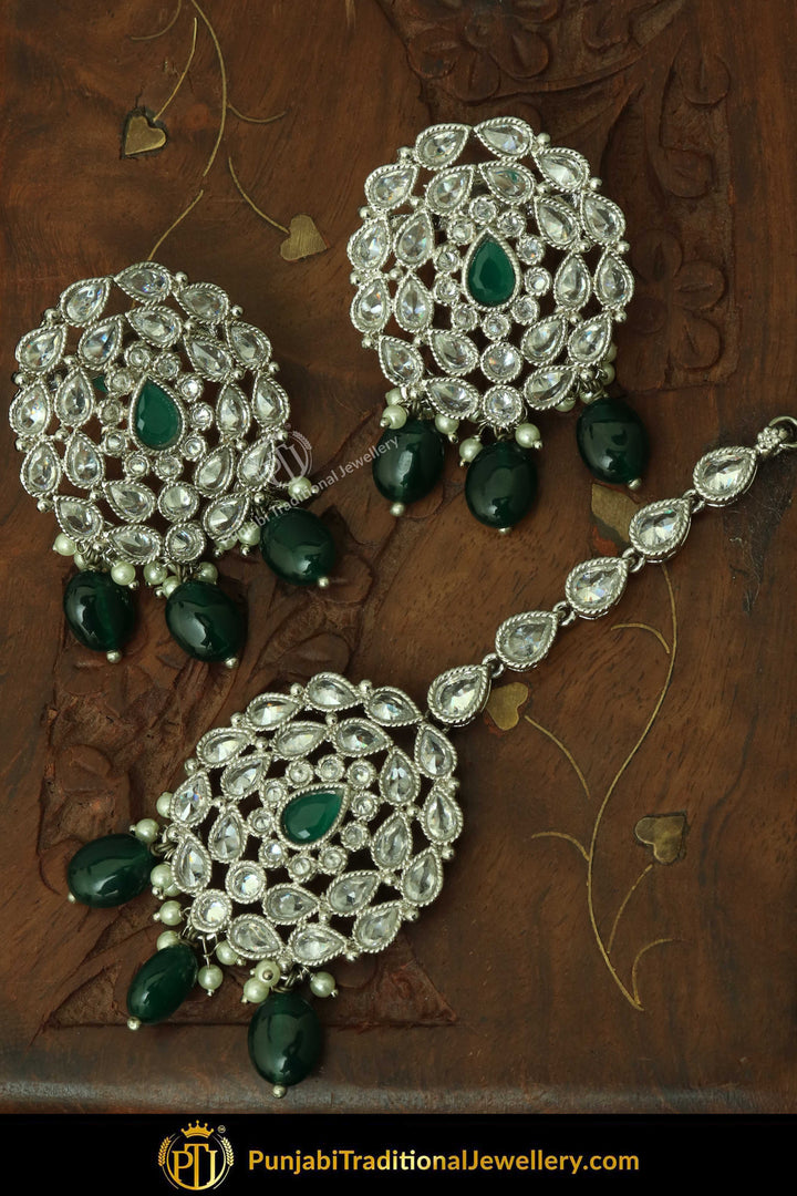 Silver Finished Polki Stone Emerald Drops Oversized Stud Earrings & Tikka Set By Punjabi Traditional Jewellery