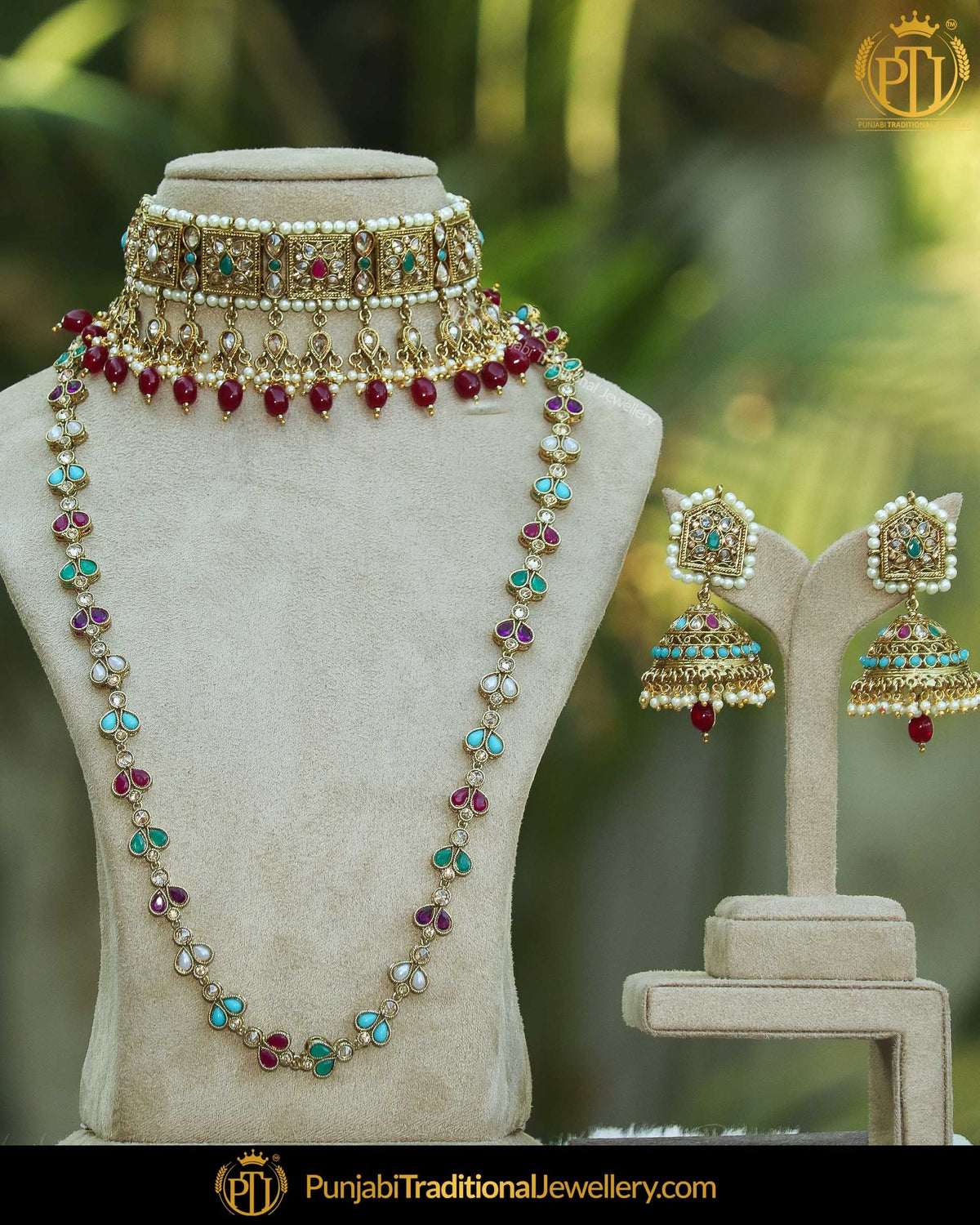Gold Finished Navratan Champange Stone Bridal Choker Necklace Set | Punjabi Traditional Jewellery Exclusive