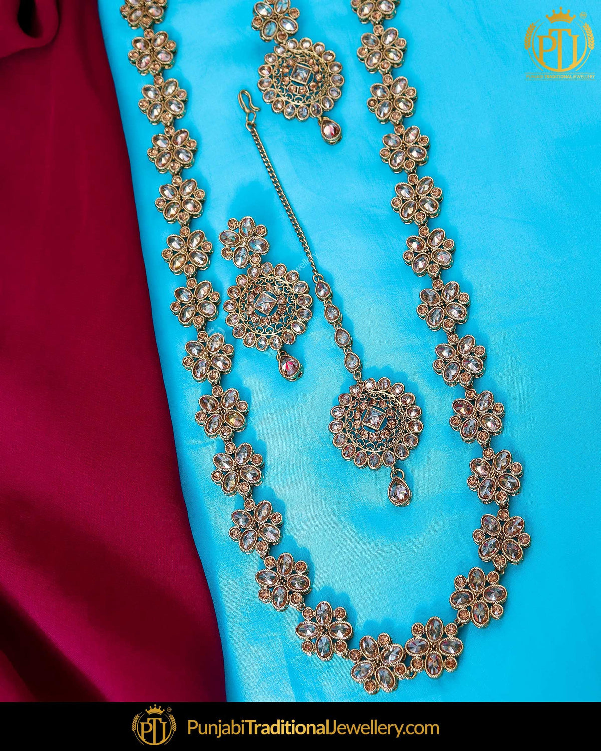 Gold Finished Chamapgne Stone Long  Set | Punjabi Traditional Jewellery Exclusive