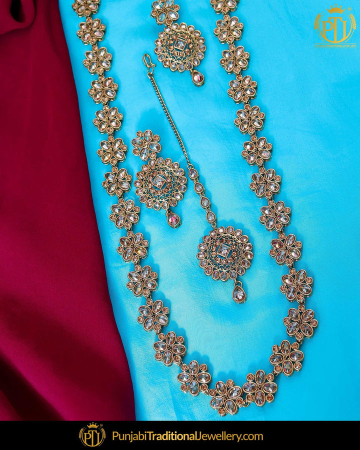 Gold Finished Chamapgne Stone Long  Set | Punjabi Traditional Jewellery Exclusive