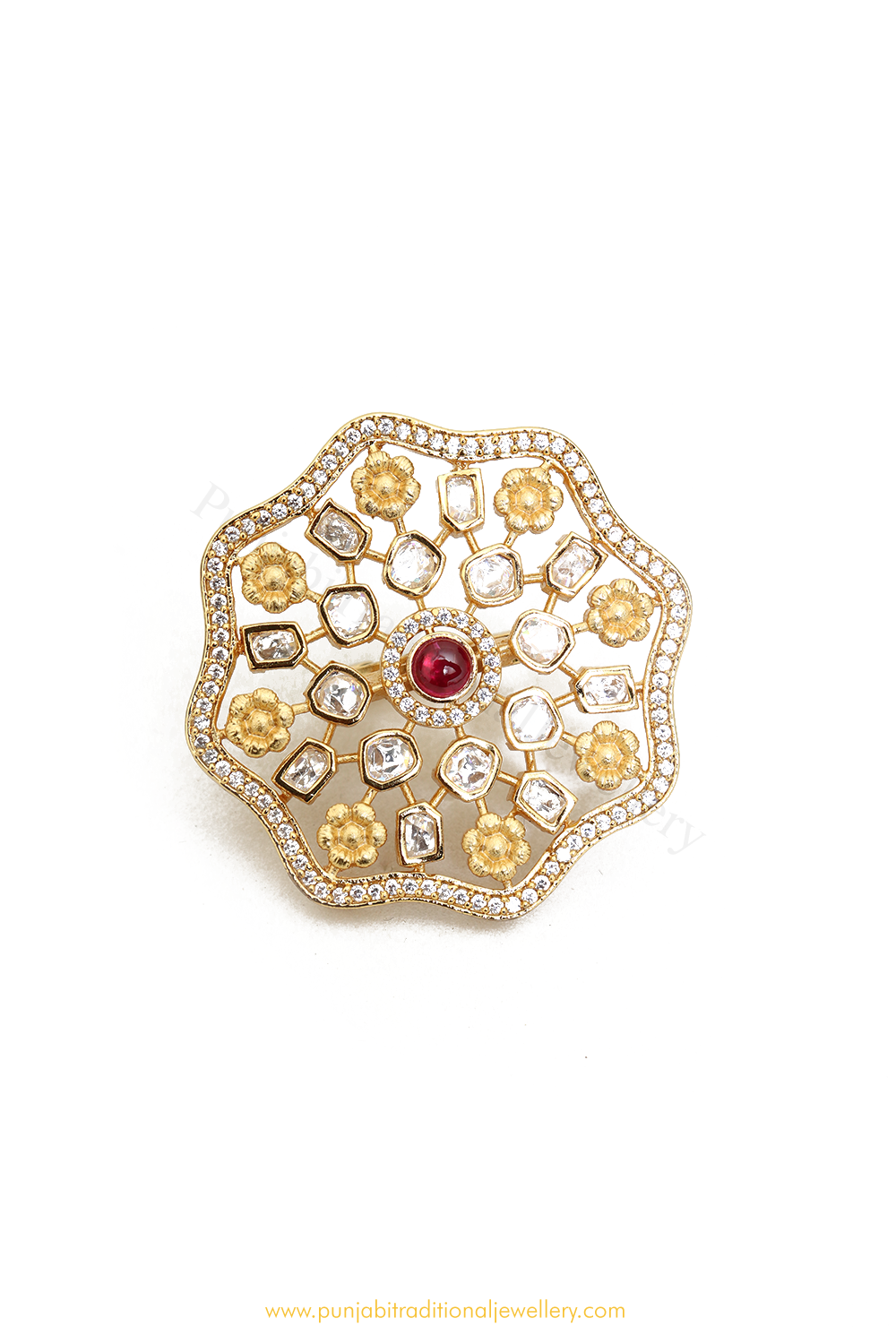 Gold Finished Navratan Kundan Ring By PTJ