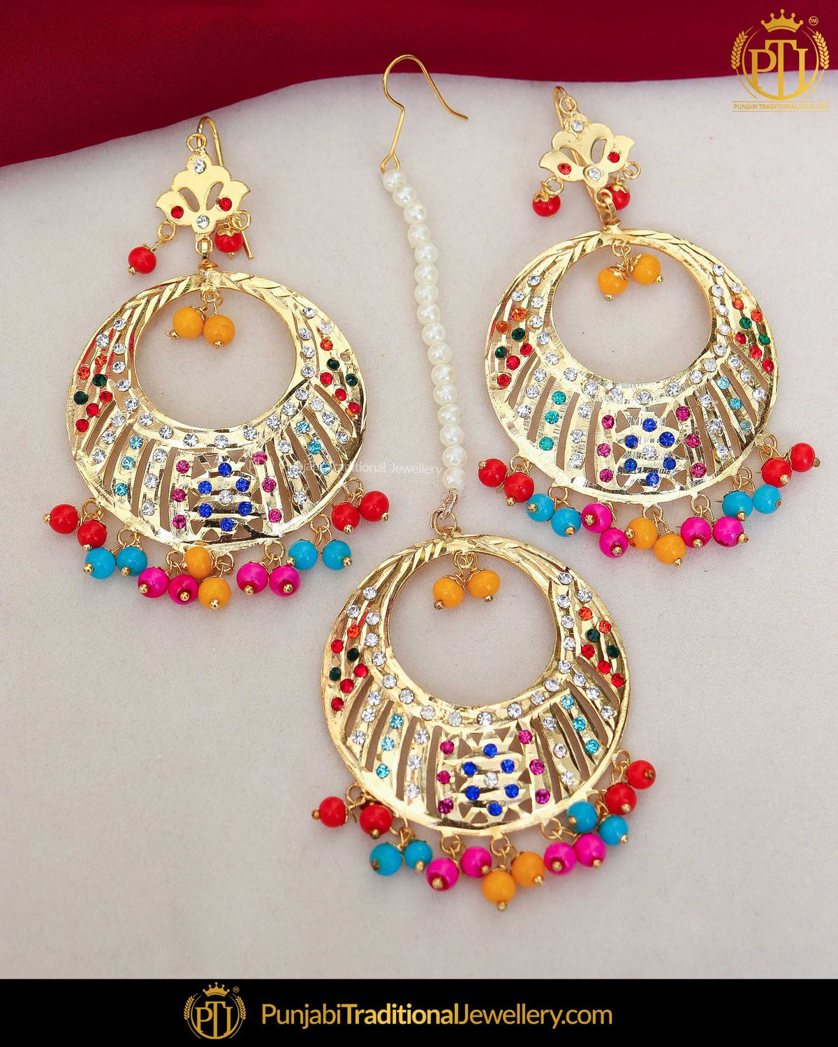 Gold Finished Navratan Jadau Pearl Earrings | Punjabi Traditional Jewellery Exclusive