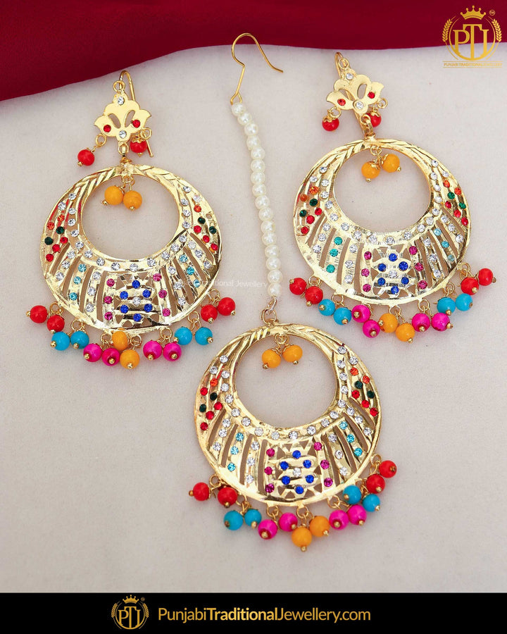 Gold Finished Navratan Jadau Pearl Earrings | Punjabi Traditional Jewellery Exclusive