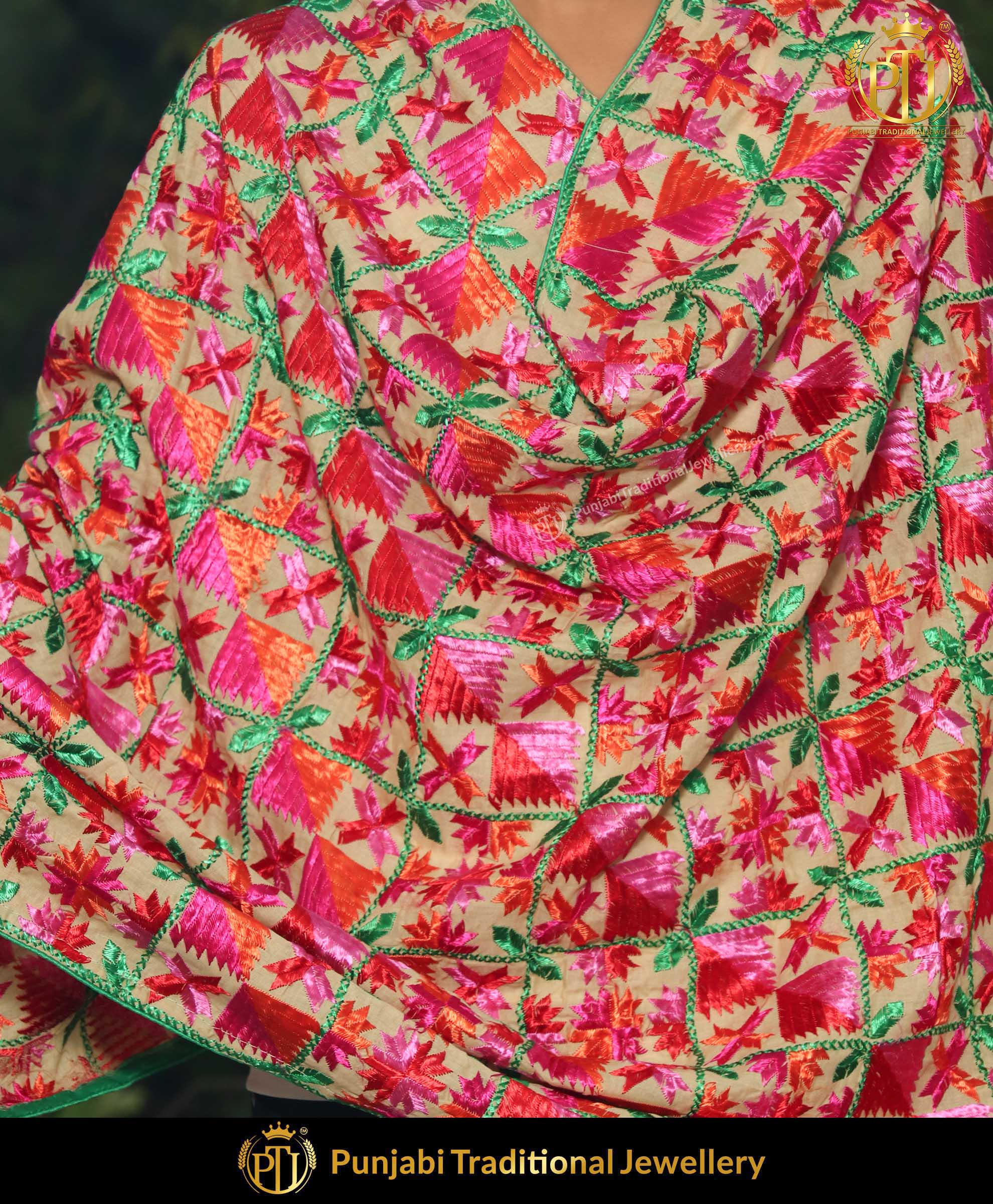 Red & Pink Pure Phulkari Dupatta | Punjabi Traditional Jewellery Exclusive
