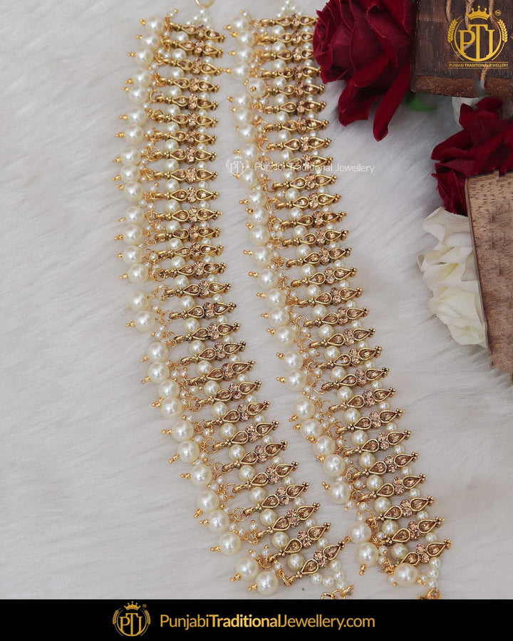 Gold Finished Pearl Champagne Stone Payal | Punjabi Traditional Jewellery Exclusive