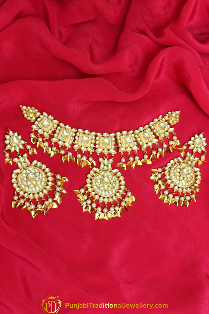 Fakihah Golden Kundan Pearl Pippal Patti Necklace Set | Punjabi Traditional Jewellery Exclusive