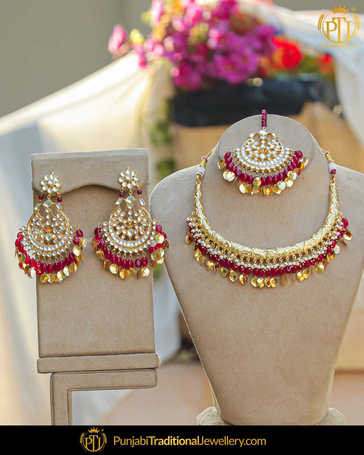 Gold Finished Kundan Pearl Rubby Pippal Patti Hasli Necklace Set | Punjabi Traditional Jewellery Exclusive