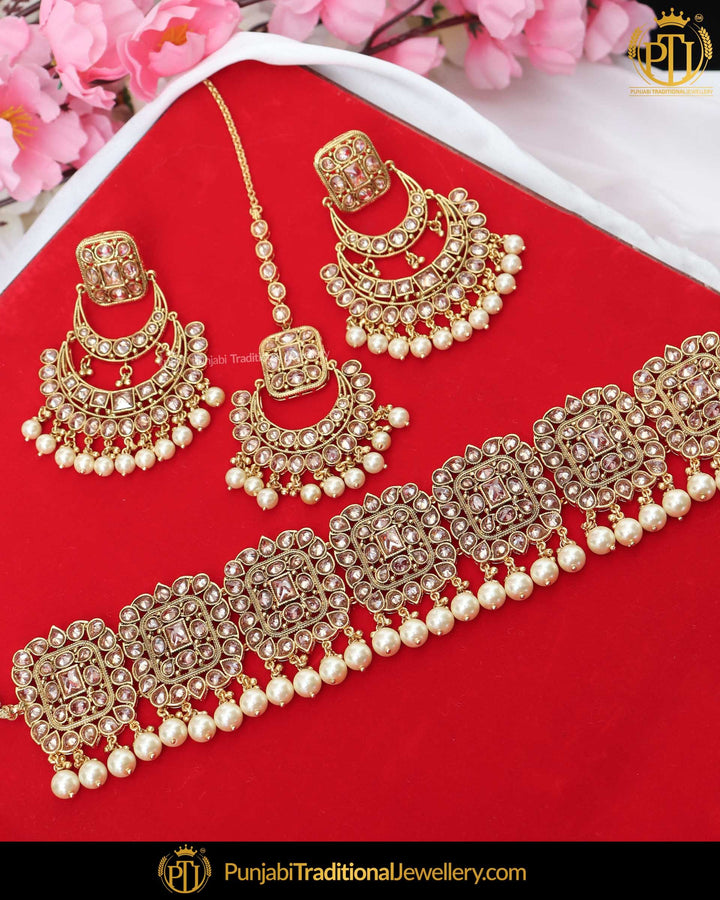 Gold Finished Champagne Stone Choker Necklace Set | Punjabi Traditional Jewellery Exclusive