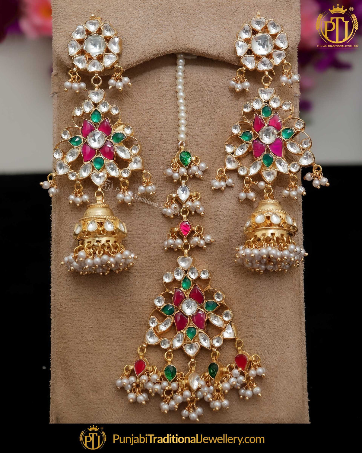 Gold Finished Green Rubby Kundan Pearl Earring Tikka Set | Punjabi Traditional Jewellery Exclusive