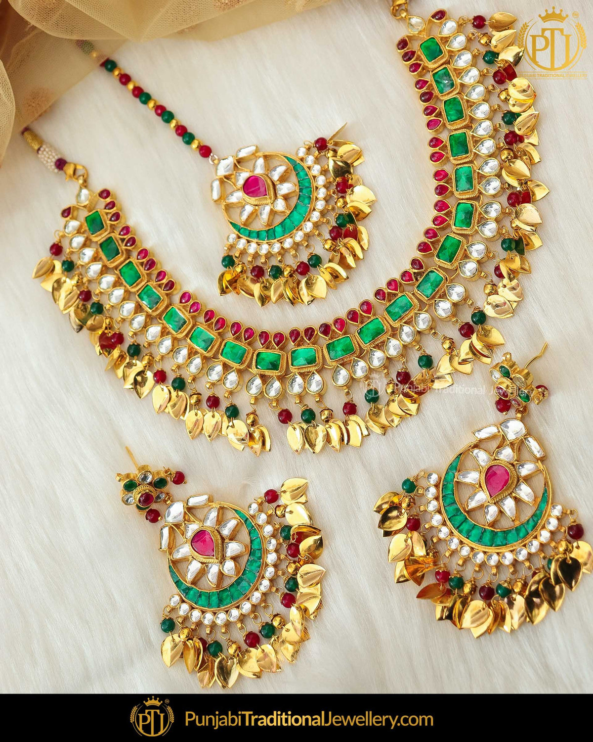 Antique Gold Finished Rubby Emerald Pippal Patti Pearl Kundan Necklace Set | Punjabi Traditional Jewellery Exclusive
