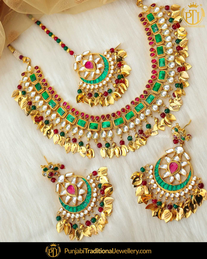 Antique Gold Finished Rubby Emerald Pippal Patti Pearl Kundan Necklace Set | Punjabi Traditional Jewellery Exclusive