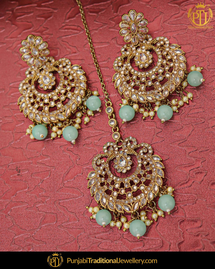 Antique Gold Finished Pearl Champagne Stone Earring Tikka Set | Punjabi Traditional Jewellery Exclusive