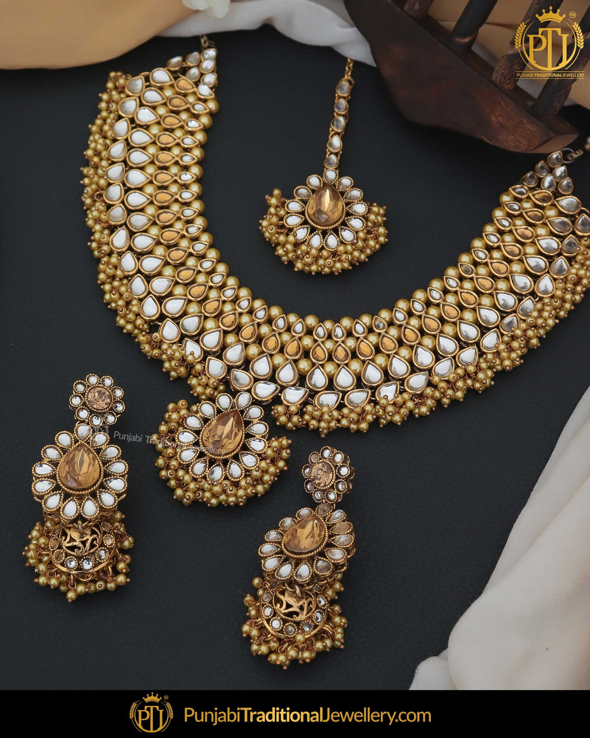 Gold Finished Kundan Pearl Necklace Set | Punjabi Traditional Jewellery Exclusive