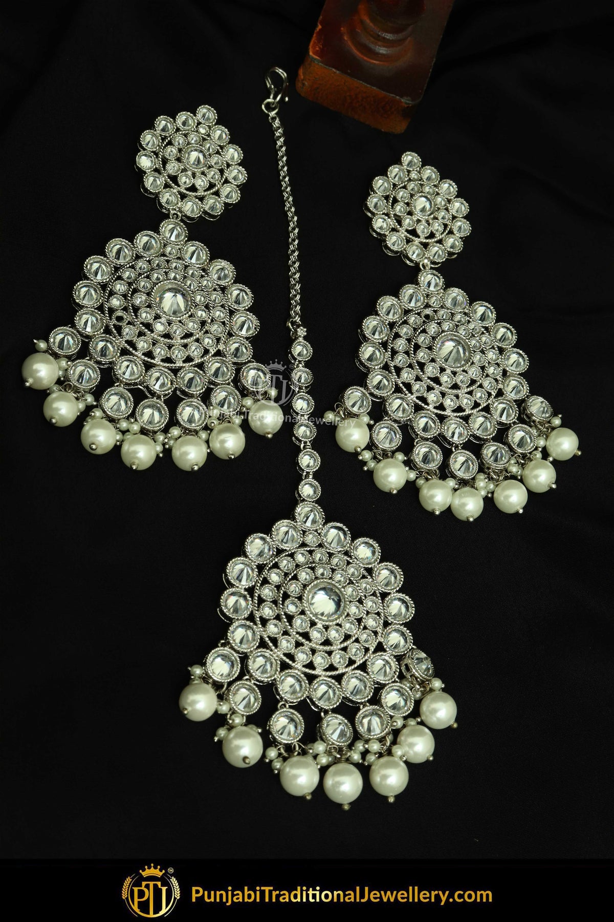 Silver Finished Polki Stone Pearl Earrings & Tikka Set By Punjabi Traditional Jewellery