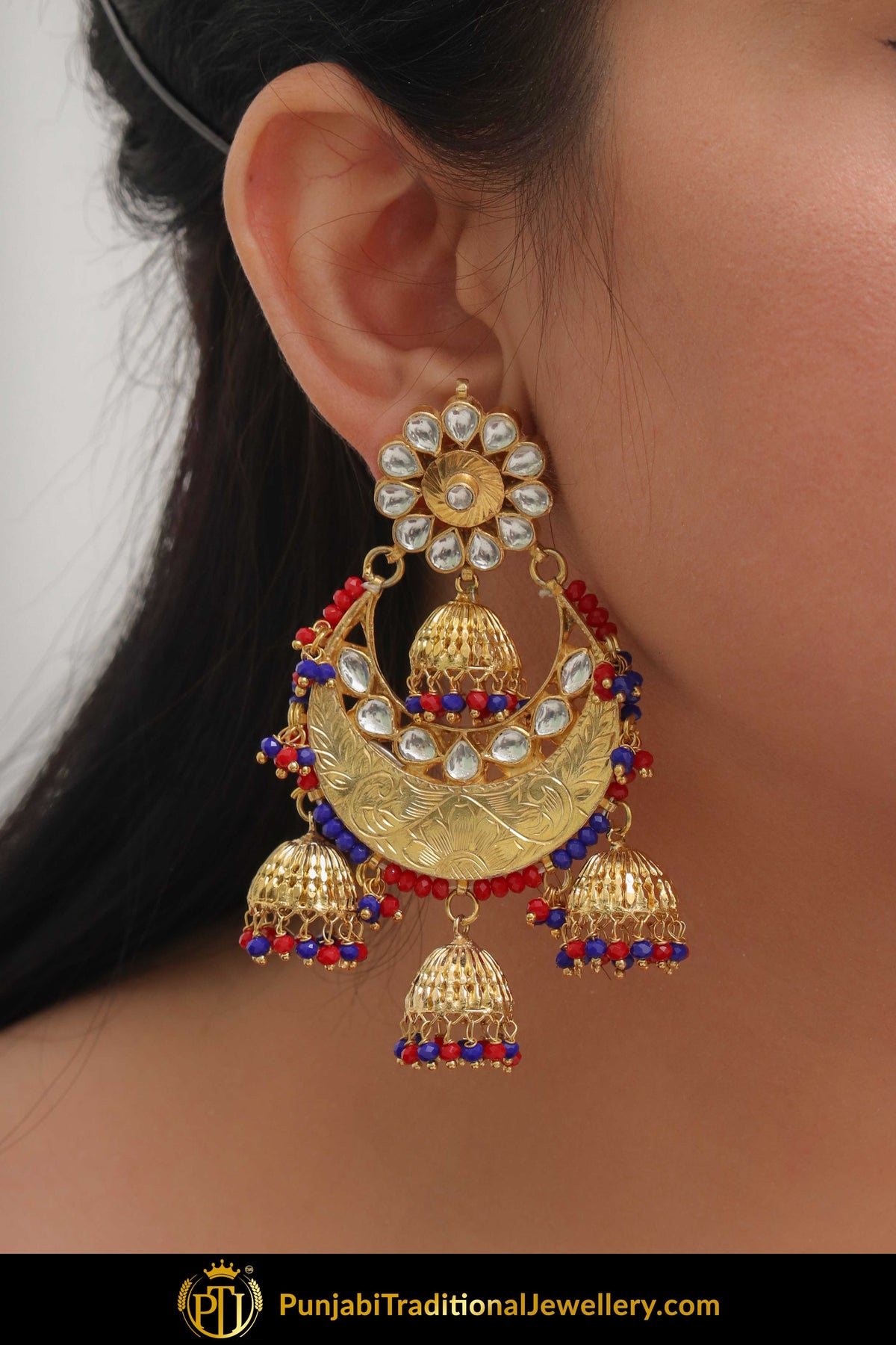 Abeera Red Blue Gold Plated Kundan Earring Tikka Set | Punjabi Traditional Jewellery Exclusive