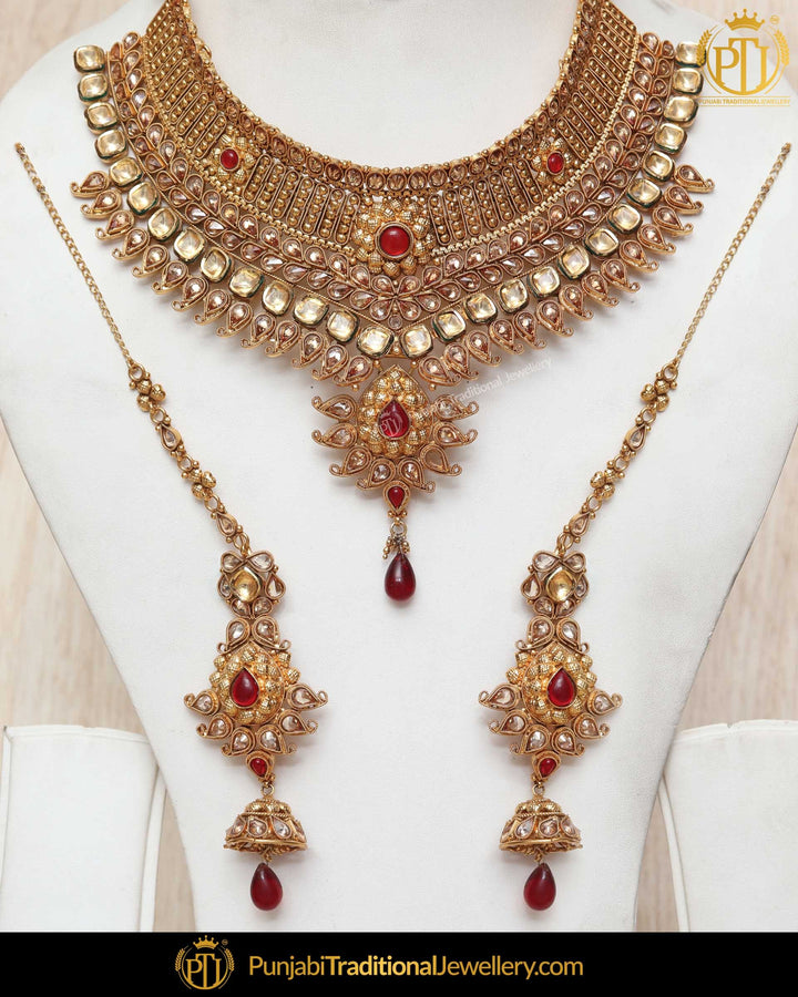 Antique Gold Finished Rubby Champagne Stone Pearl Bridal Choker Necklace Set  | Punjabi Traditional Jewellery Exclusive