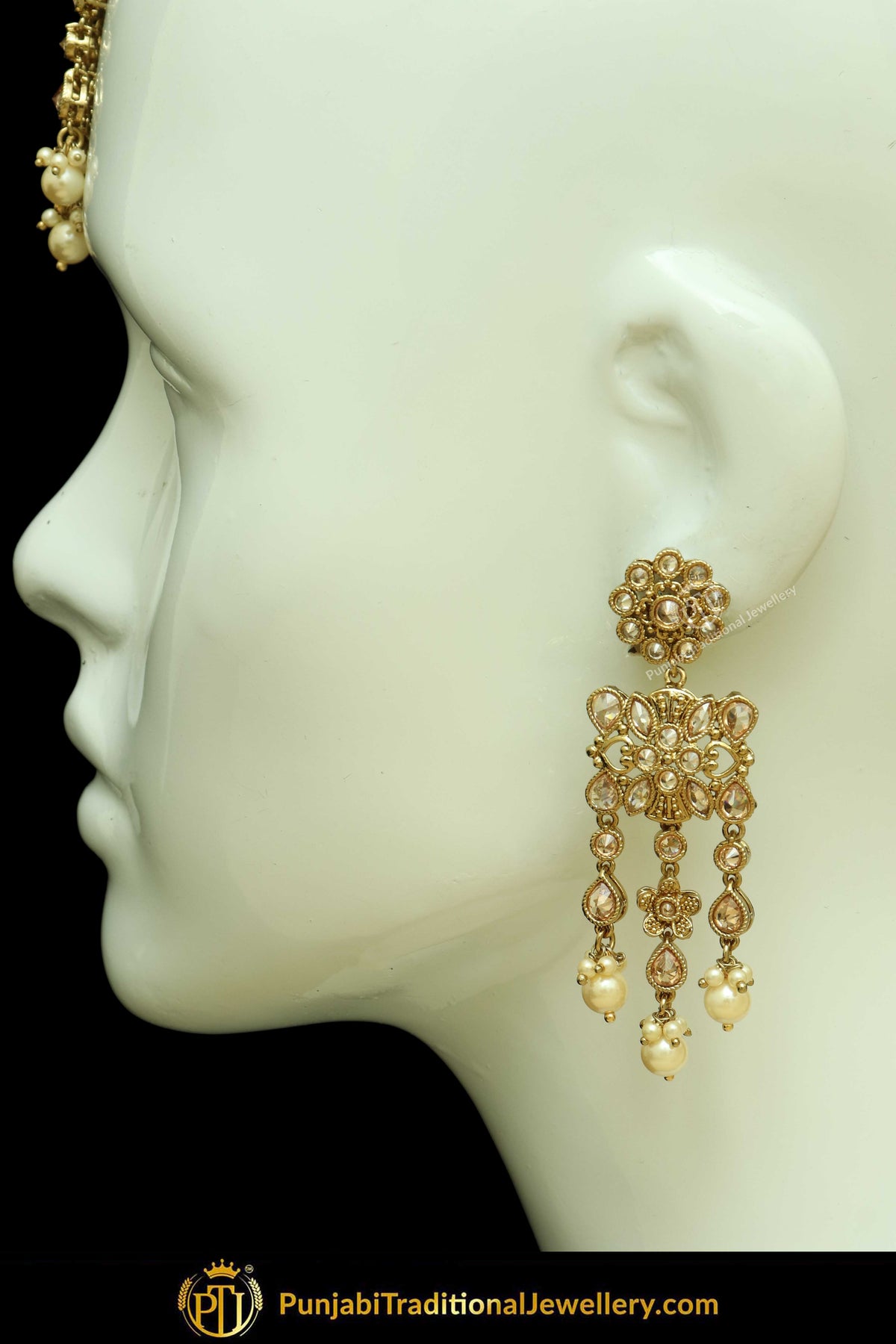 Antique Gold Finised Champagne Stone Earring Tikka Set By Punjabi Traditional Jewellery