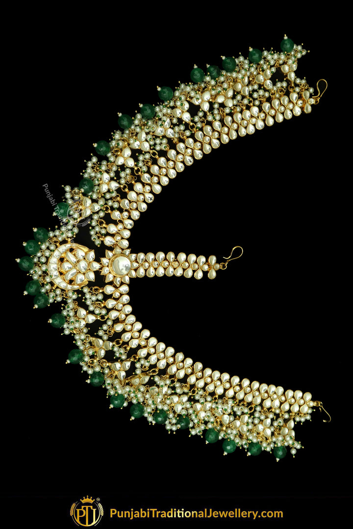 Gold Finished Kundan Emerald Matha Patti | Punjabi Traditional Jewellery Exclusive