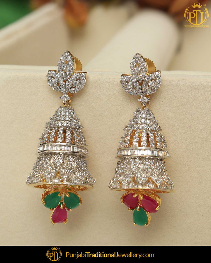 Gold Finished American Diamond Rubby Emerald Earrings | Punjabi Traditional Jewellery Exclusive