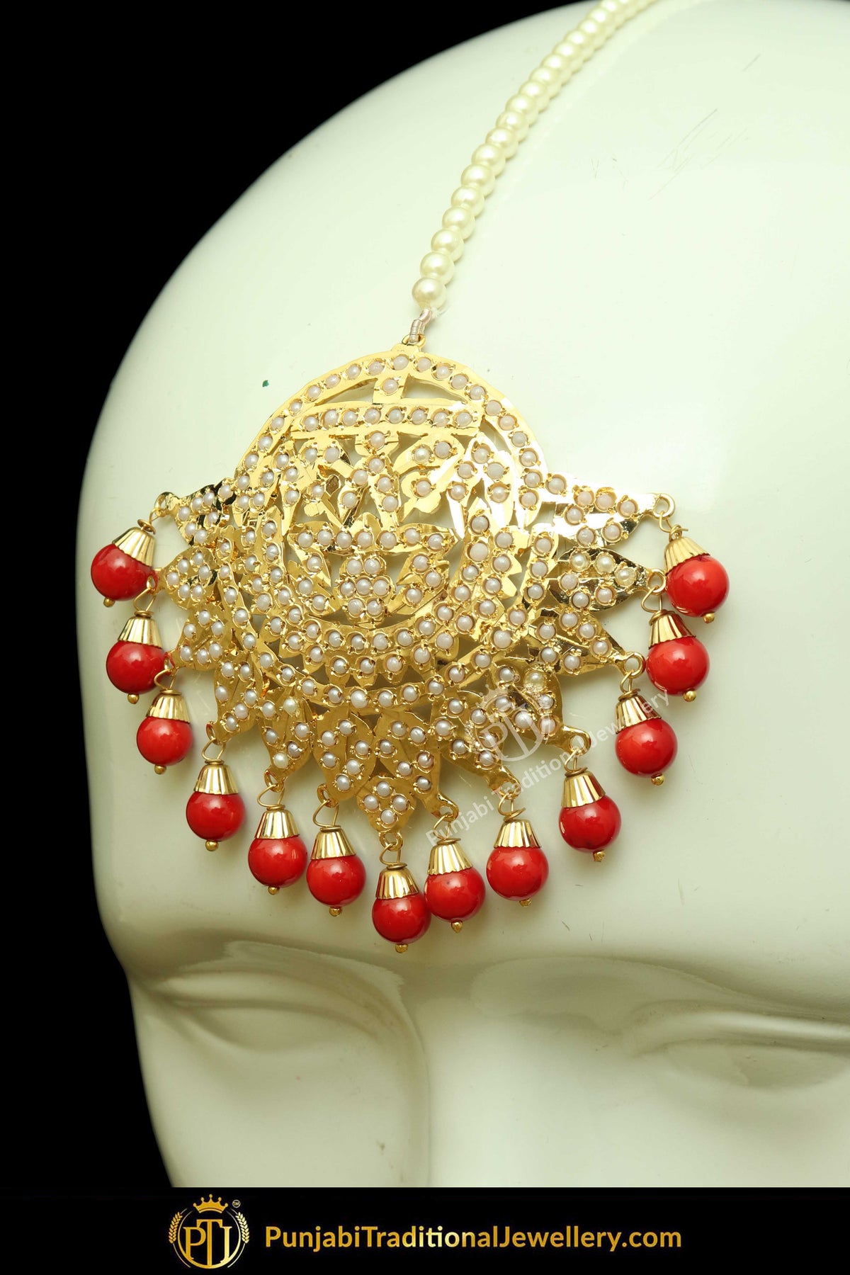 Gold Finished Red Jadau Pearl Earring Tikka Set | Punjabi Traditional Jewellery Exclusive