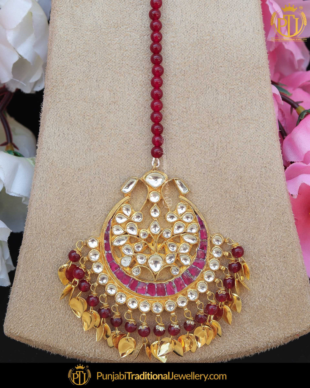 Gold Finished Pippal Patti Rubby Kundan Pearl Tikka | Punjabi Traditional Jewellery Exclusive