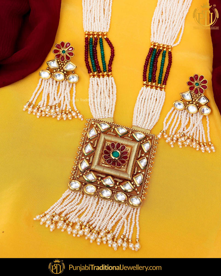 Antique Gold Finished Rubby Emerald Kundan Pearl Mala Long  Set  | Punjabi Traditional Jewellery Exclusive