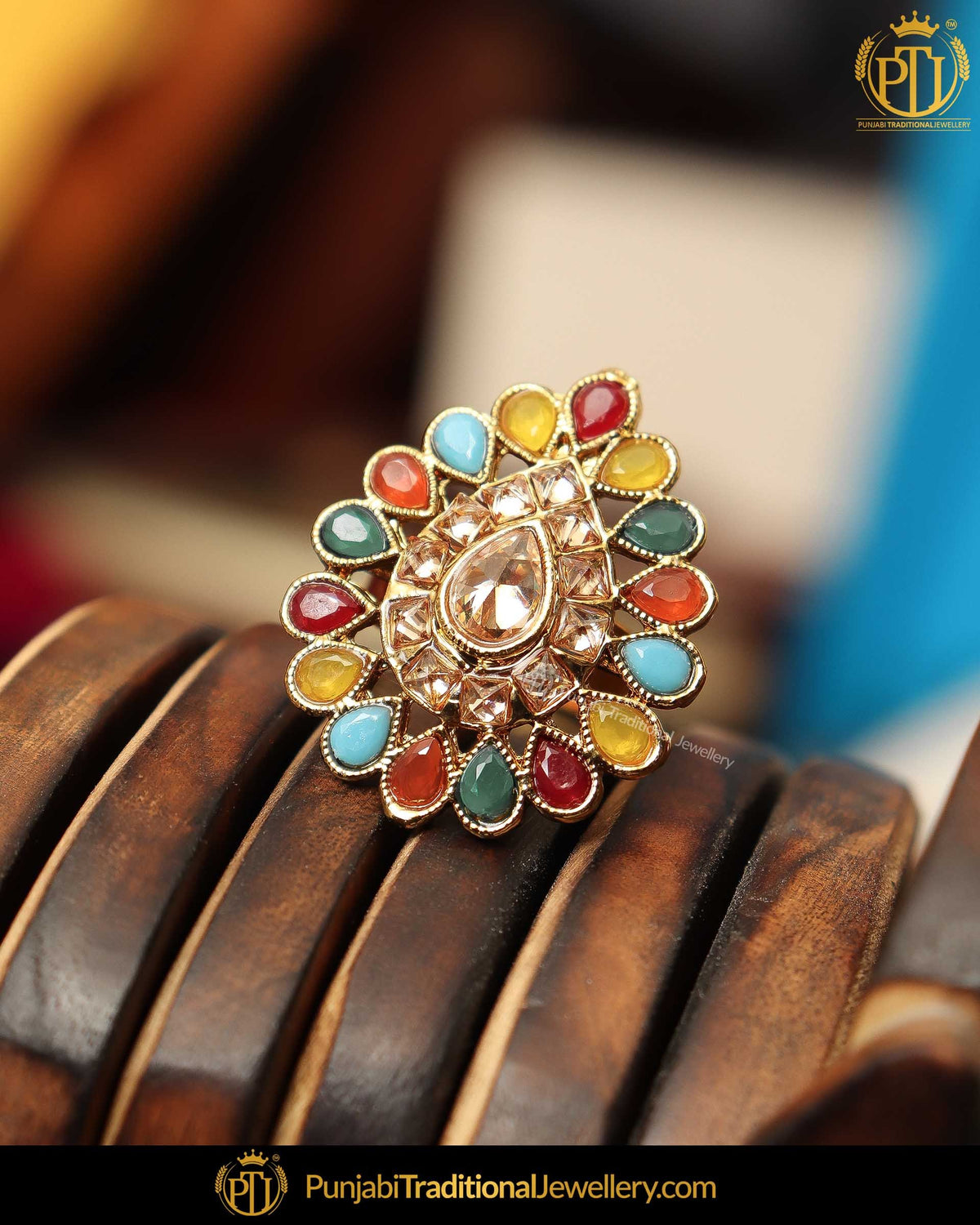 Gold Finished Navratan Champagne Stone Ring | Punjabi Traditional Jewellery Exclusive