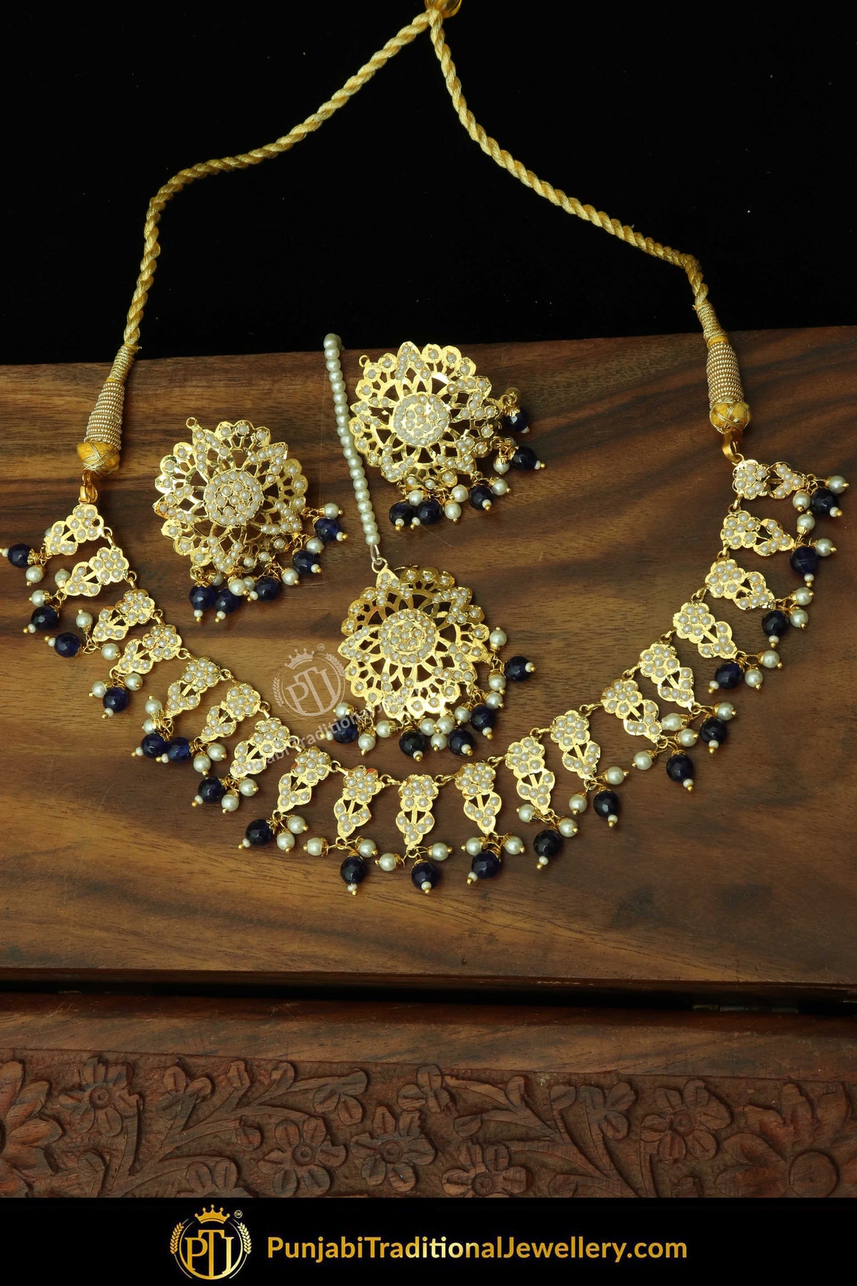 Gold Finished Black Jadau Pearl Necklace Set | Punjabi Traditional Jewellery Exclusive
