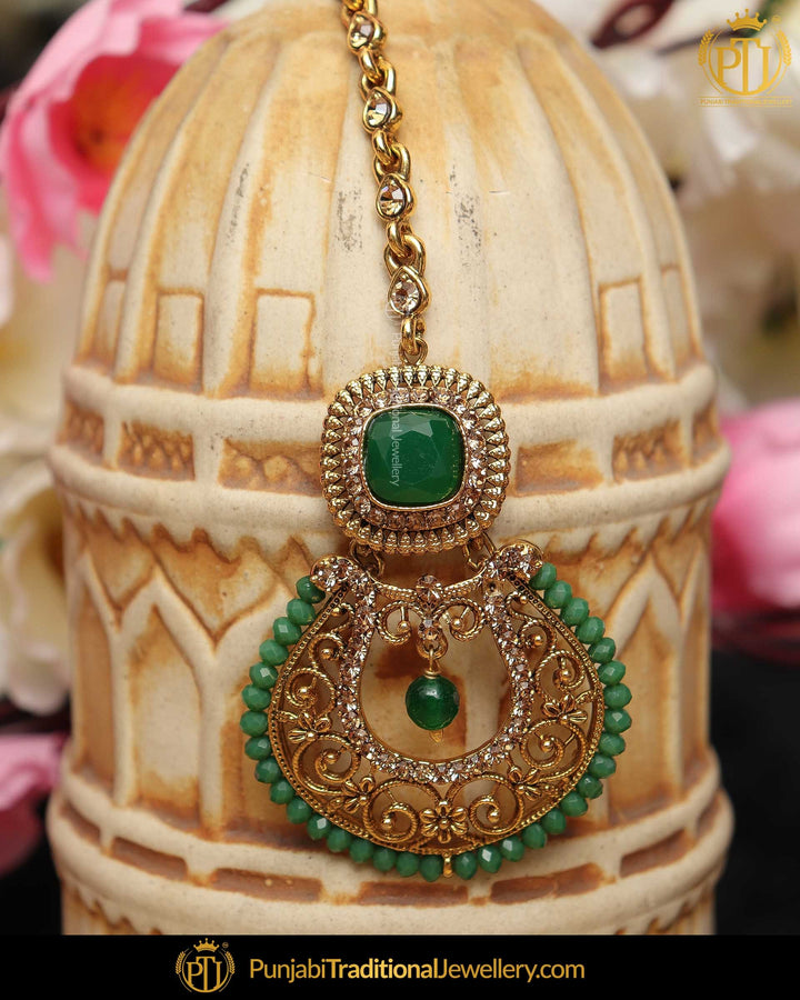 Gold Finished Emerald Champagne Stone Tikka | Punjabi Traditional Jewellery Exclusive