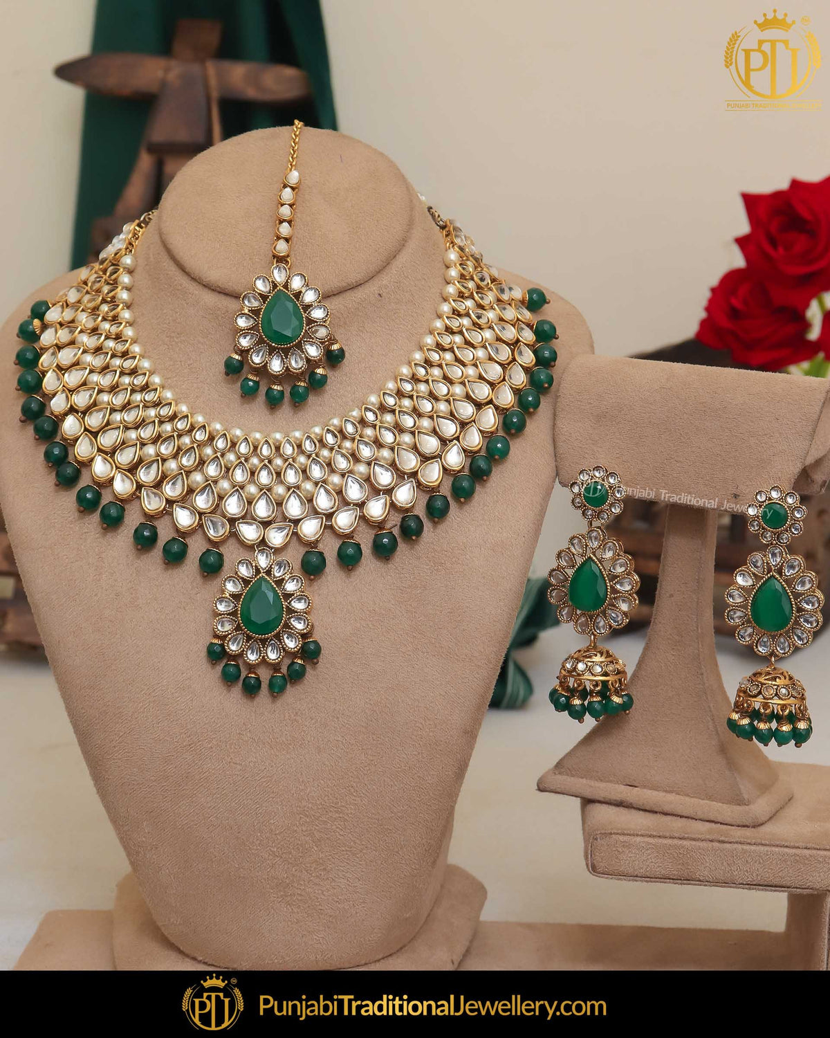 Gold Finished Kundan Pearl Green Necklace Set | Punjabi Traditional Jewellery Exclusive