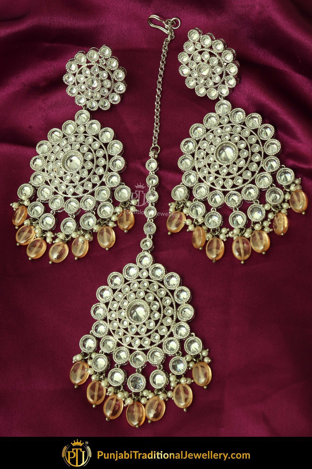 Silver Finished Polki Stone Peach Earrings & Tikka Set By Punjabi Traditional Jewellery