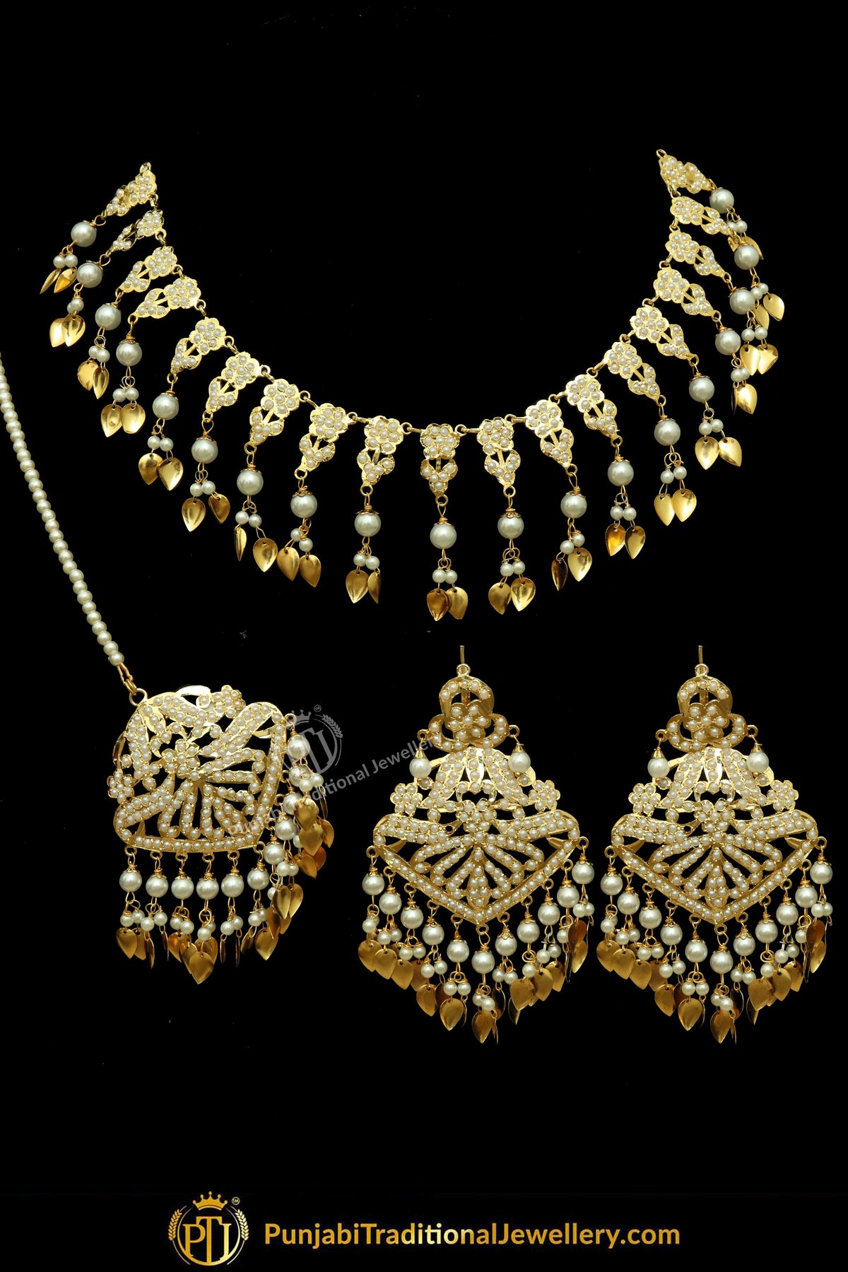 Gold Finished Jadau Pippal Patti Necklace Set | Punjabi Traditional Jewellery Exclusive