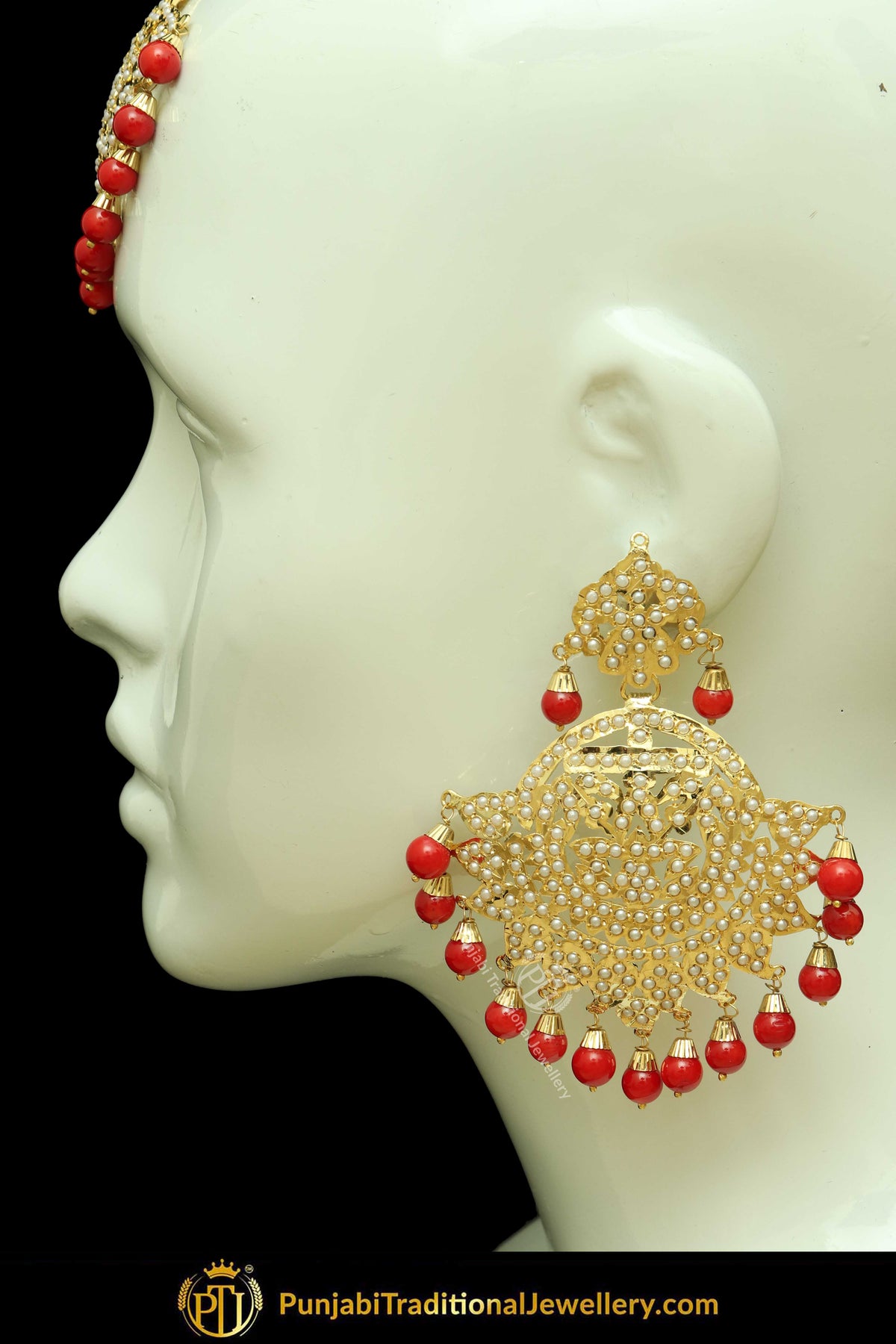 Gold Finished Red Jadau Pearl Earring Tikka Set | Punjabi Traditional Jewellery Exclusive