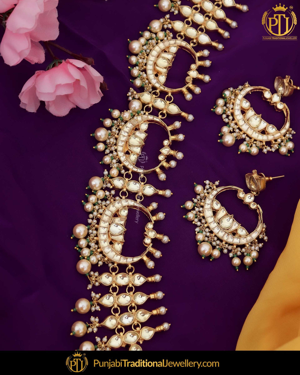 Gold Finished Kundan Pearl Bridal Necklace Set | Punjabi Traditional Jewellery Exclusive