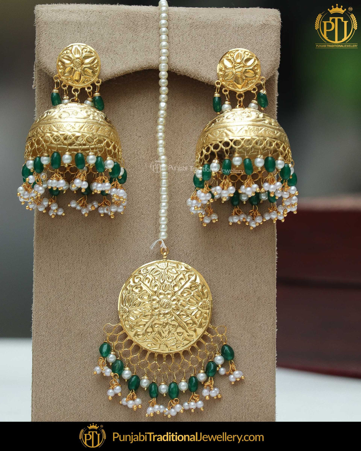 Gold Finished Eamrald Jhumki Pearl Earring Tikka Set | Punjabi Traditional Jewellery Exclusive