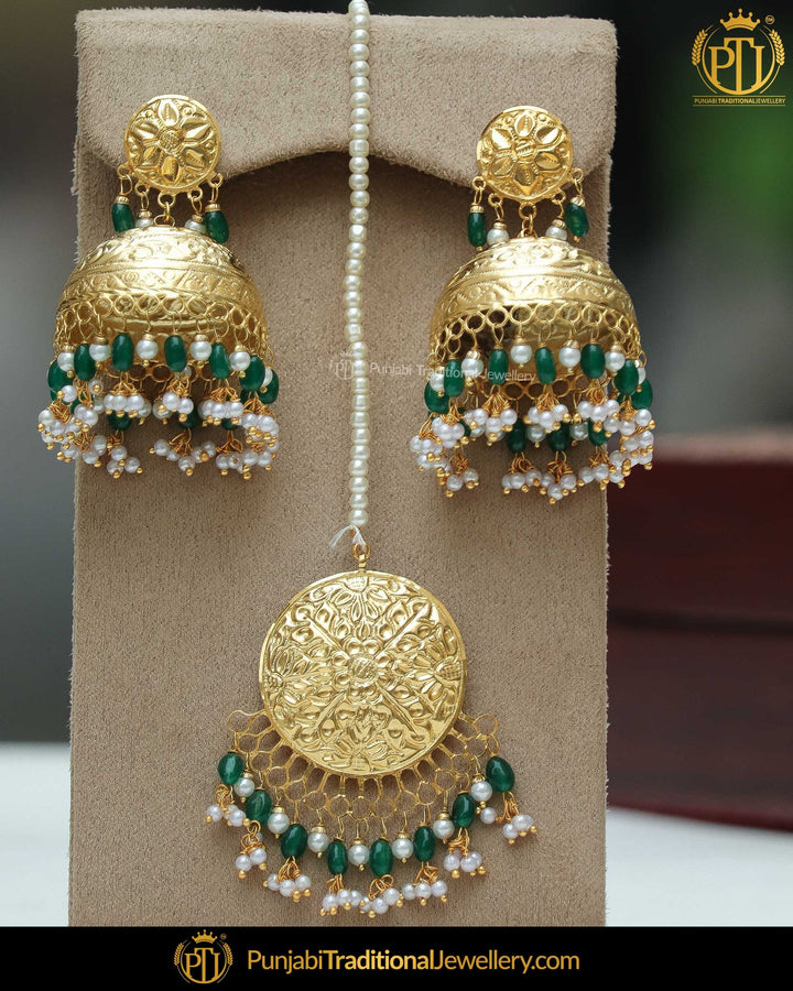 Gold Finished Eamrald Jhumki Pearl Earring Tikka Set | Punjabi Traditional Jewellery Exclusive