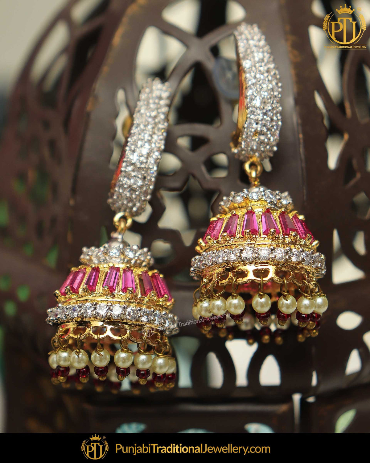 Gold Finished American Diamond Rubby  Earrings | Punjabi Traditional Jewellery Exclusive