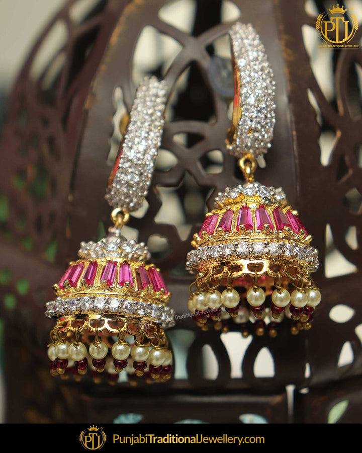 Gold Finished American Diamond Rubby  Earrings | Punjabi Traditional Jewellery Exclusive