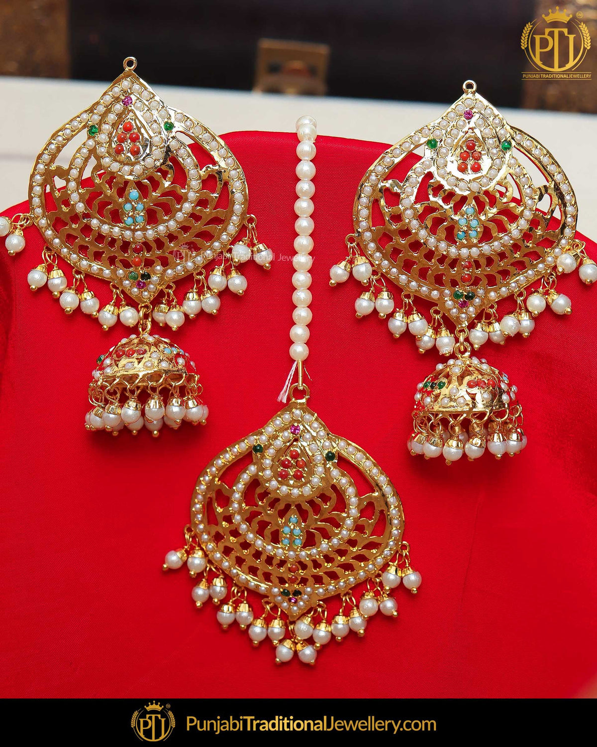 Gold Finished Navratan Jhumki Jadau Pearl Earrings | Punjabi Traditional Jewellery Exclusive