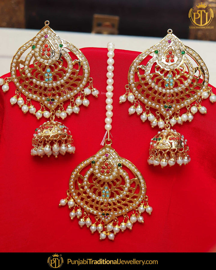 Gold Finished Navratan Jhumki Jadau Pearl Earrings | Punjabi Traditional Jewellery Exclusive