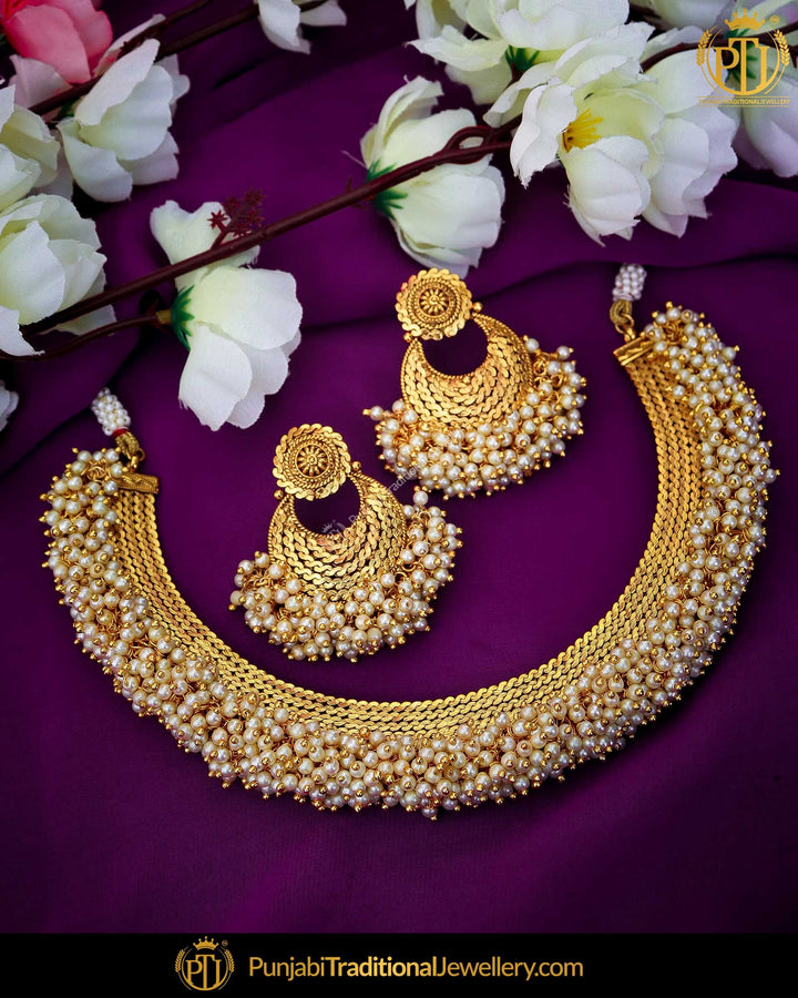 Antique Gold Finished Champagne Stone Pearl Choker Necklace Set  | Punjabi Traditional Jewellery Exclusive