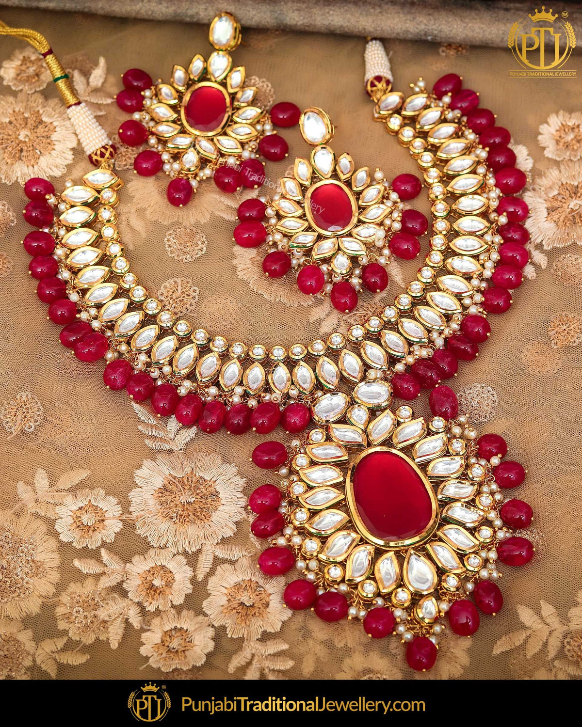 Gold Finished Kundan Rubby Pearl Necklace Set | Punjabi Traditional Jewellery Exclusive