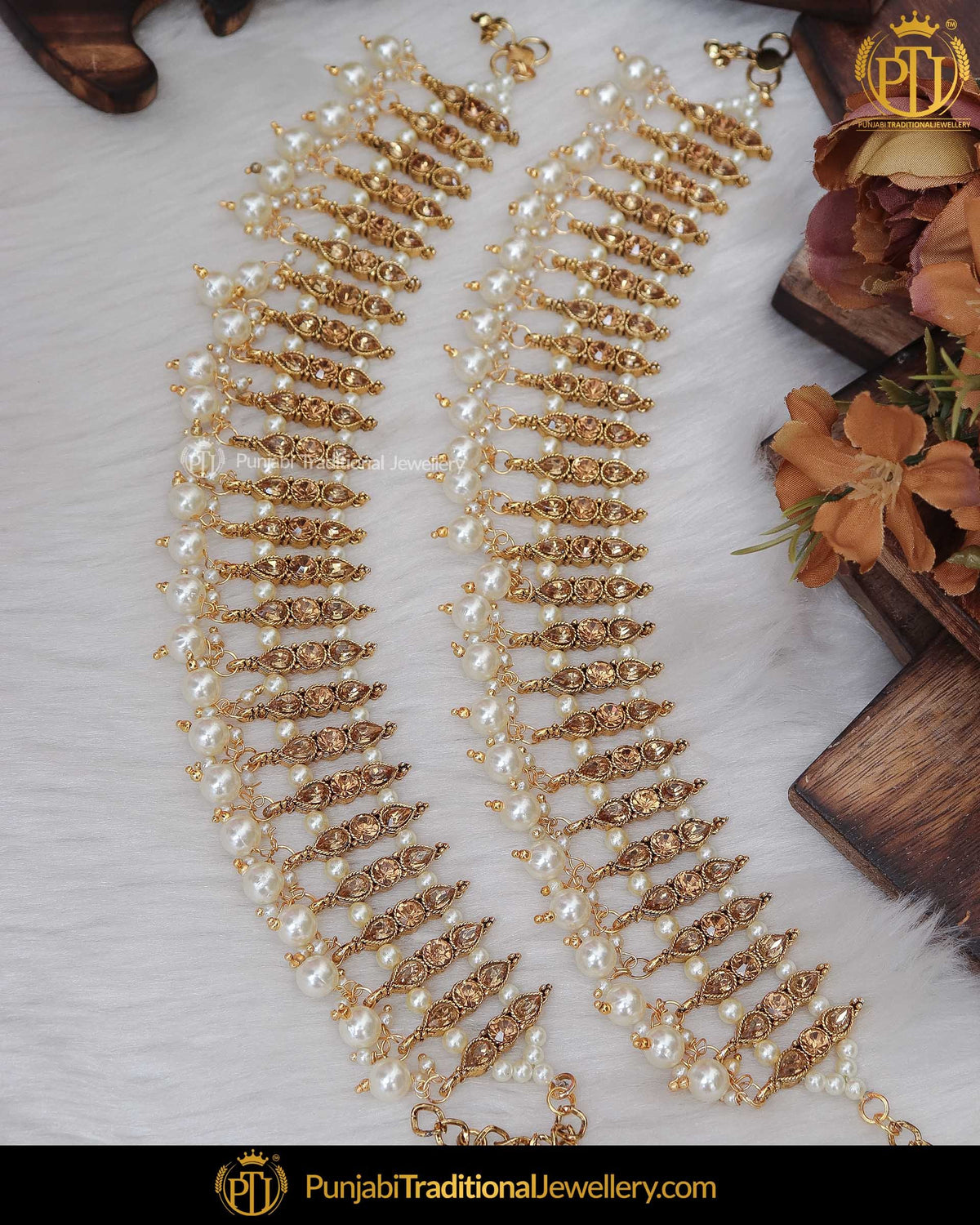 Gold Finished Pearl Champagne Stone Payal | Punjabi Traditional Jewellery Exclusive