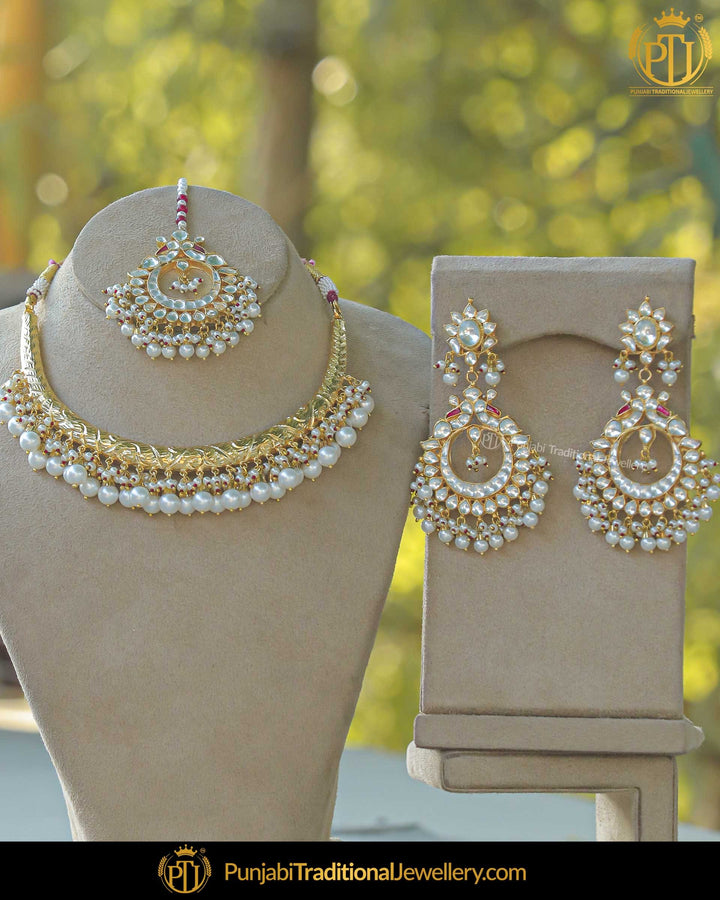 Gold Finished Kundan Pearl Hasli Necklace Set | Punjabi Traditional Jewellery Exclusive