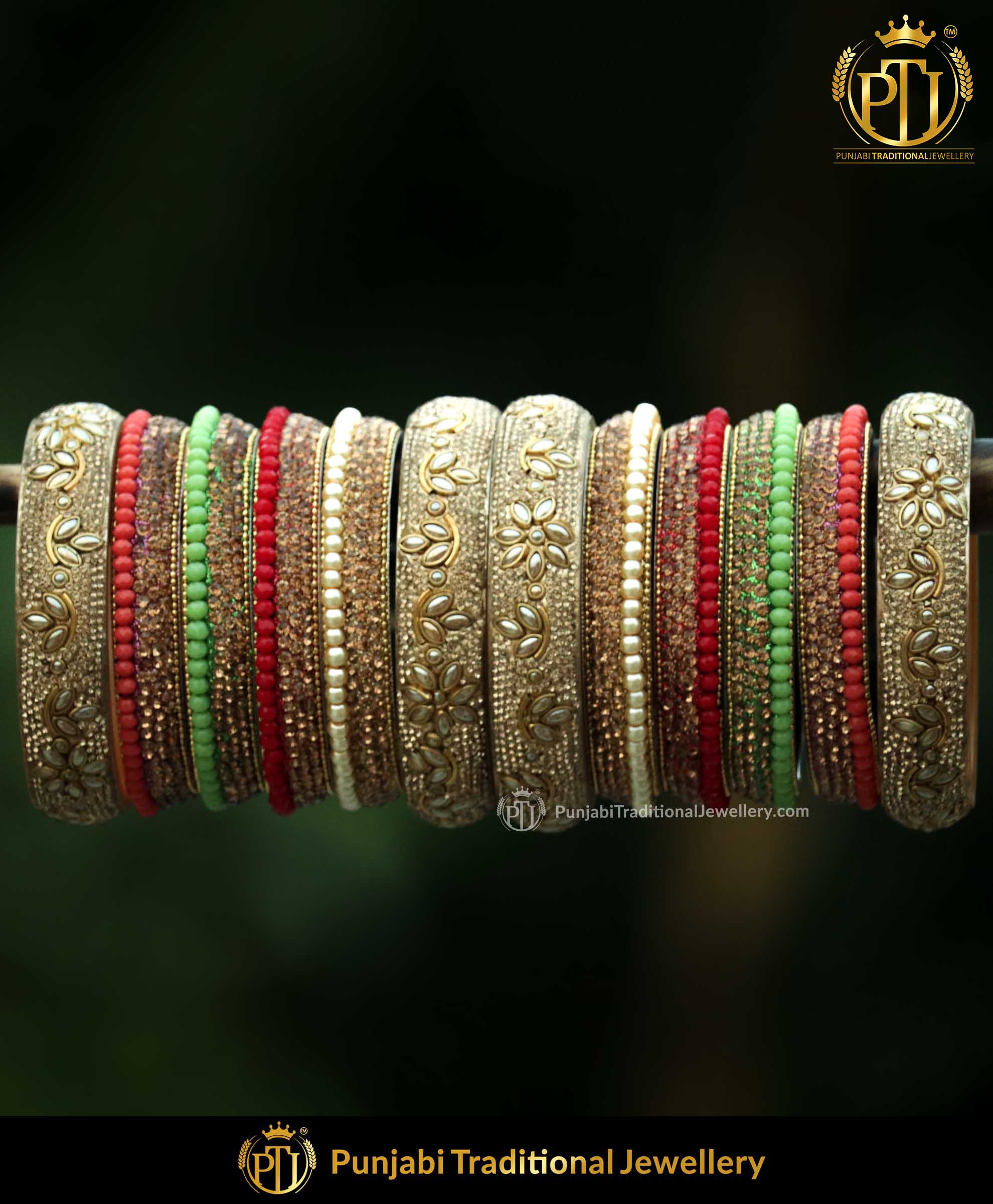 Gold Finished Satrangi Kundan Pearl Mattel Bangle Set (Both Hand Pair) (Both-Hand-Side) | Punjabi Traditional Jewellery Exclusive