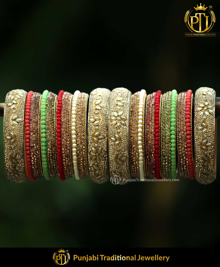 Gold Finished Satrangi Kundan Pearl Mattel Bangle Set (Both Hand Pair) (Both-Hand-Side) | Punjabi Traditional Jewellery Exclusive