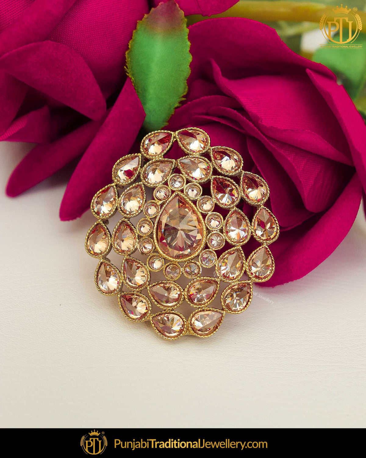 Gold Finished Champagne Stone Ring | Punjabi Traditional Jewellery Exclusive